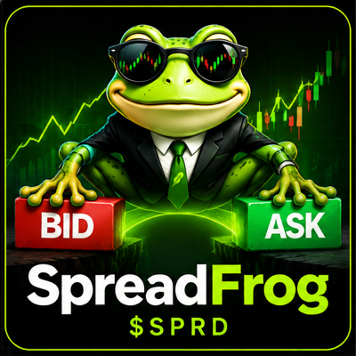 SpreadFrog in a black suit holding BID and ASK blocks